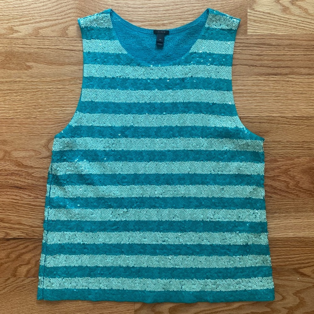 J Crew Teal Stripe Sequin Tank, Sz M, EUC!